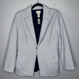 Chico’s Women’s Striped Knit Boyfriend Blazer Blue White Size 1